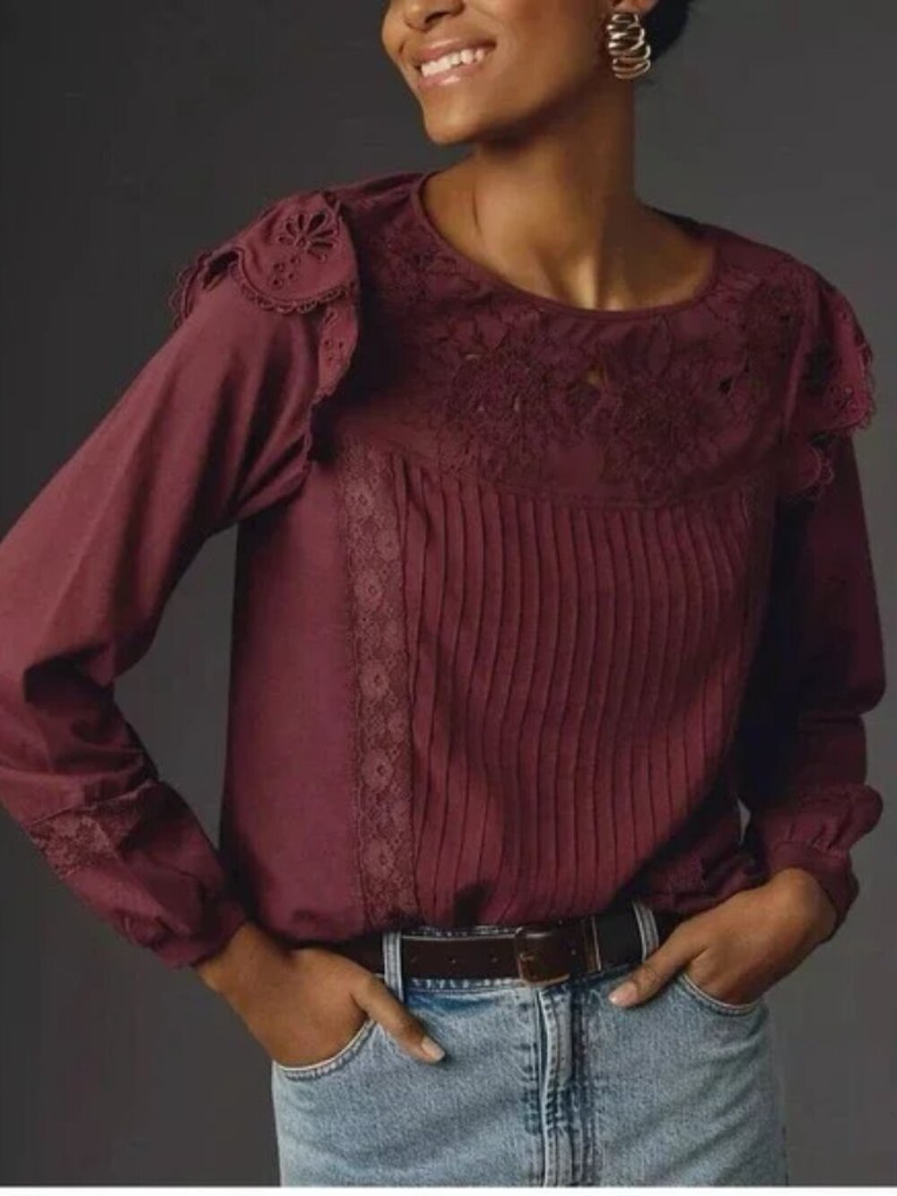 Anthropologie x Tiny Long-Sleeve Crescent Ruffled Lace Top Size Medium EUC